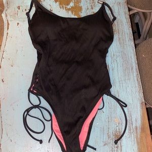 PINK lace up ribbed one piece